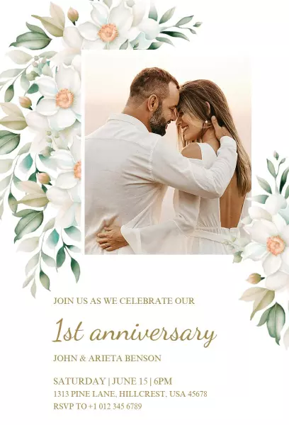 Elegant Floral 1st Anniversary Celebration Invitation Template