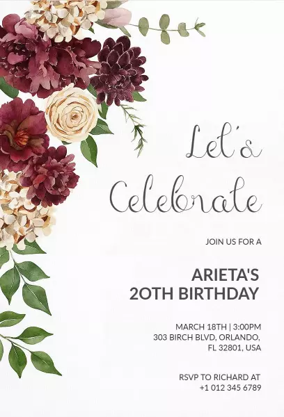 Elegant Floral 20th Birthday Celebration Invitation Template