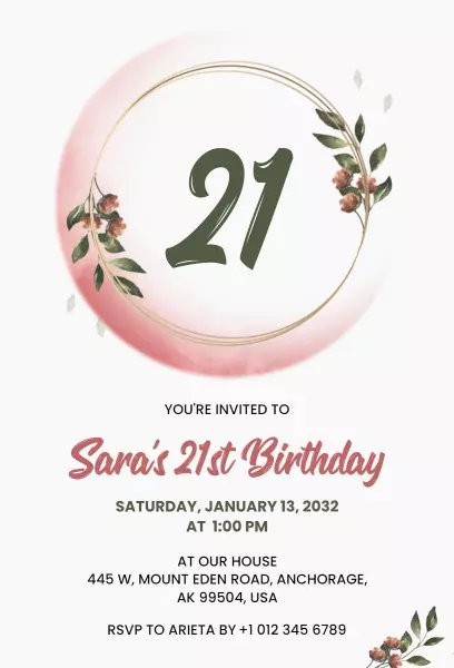 Elegant Floral 21st Birthday Celebration Invitation Template