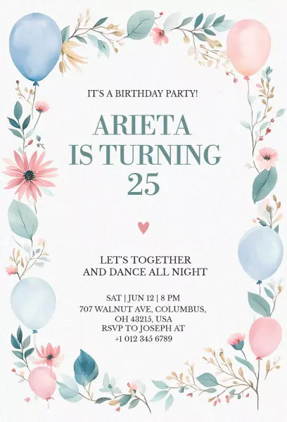 Elegant Floral 25th Birthday Celebration Invitation Template