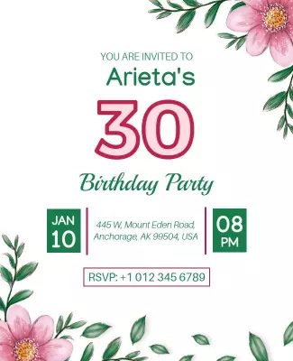 Elegant Floral 30th Birthday Party Celebration Invitation Template