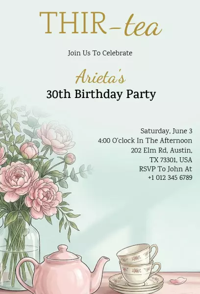 Elegant Floral 30th Birthday Tea Party Invitation Template