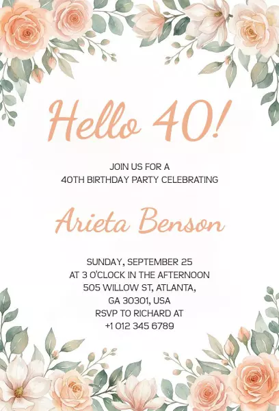 Elegant Floral 40th Birthday Celebration Invitation Template