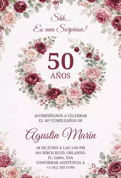 Elegant Floral 50th Birthday Surprise Celebration Invitation Template
