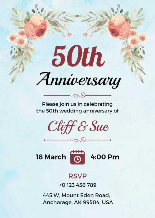 Elegant Floral 50th Wedding Anniversary Celebration Invitation Template