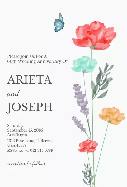 Elegant Floral 60th Wedding Anniversary Celebration Invitation Template