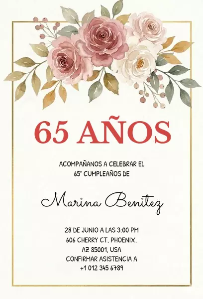 Elegant Floral 65th Birthday Celebration Invitation Template