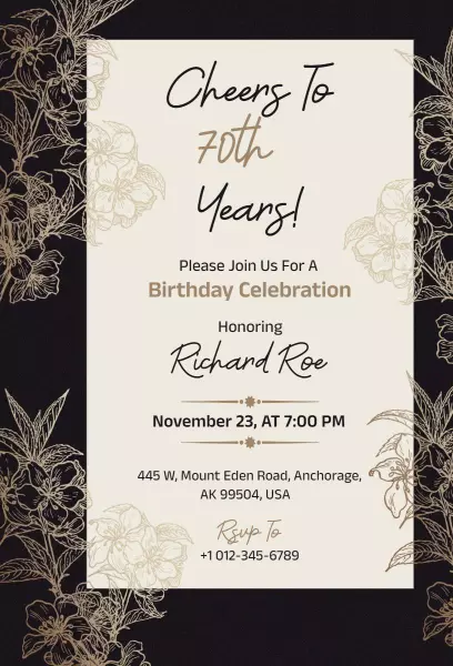 Elegant Floral 70th Birthday Celebration Invitation Template