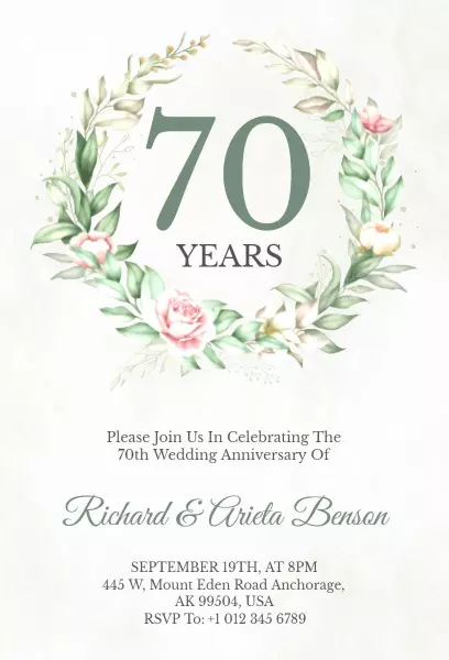 Elegant Floral 70th Wedding Anniversary Celebration Invitation Template