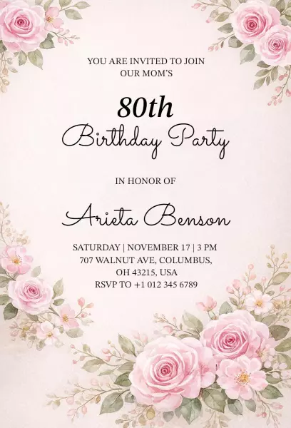 Elegant Floral 80th Birthday Celebration Invitation Template