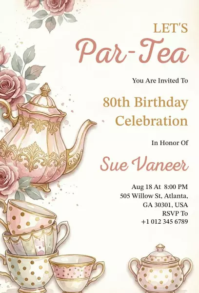 Elegant Floral 80th Birthday Tea Party Invitation Template