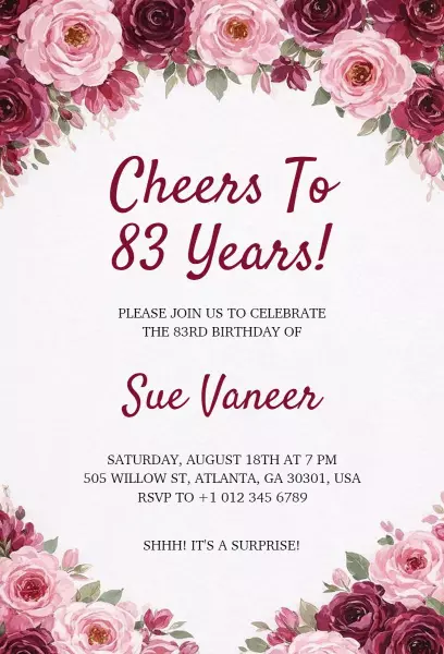 Elegant Floral 83rd Birthday Celebration Surprise Invitation Template