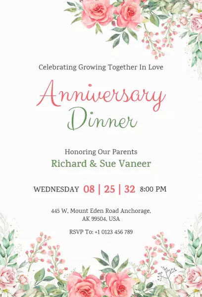 Elegant Floral Anniversary Dinner Party Invitation Template