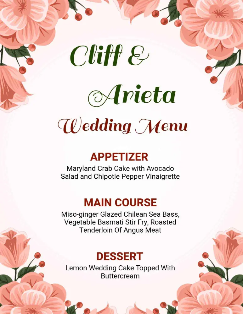 Elegant Floral Arrangement with Exquisite Dishes Wedding Menu Template