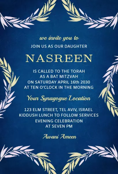 Elegant Floral Bat Mitzvah Ceremony Celebration Invitation Template