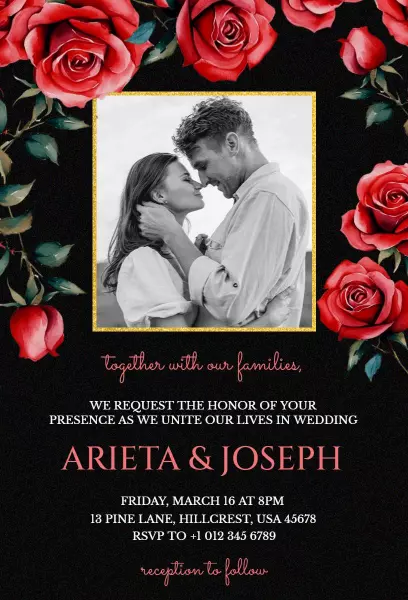 Elegant Floral Black Photo Wedding Celebration Invitation Template