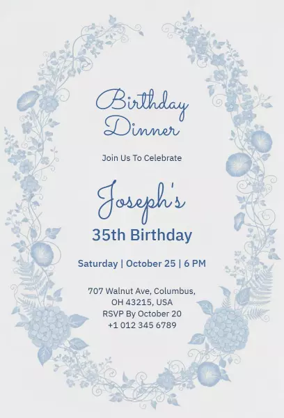 Elegant Floral Blue 35th Birthday Dinner Invitation Template