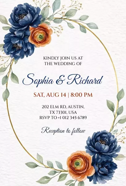 Elegant Floral Blue and Orange Wedding Invitation Template