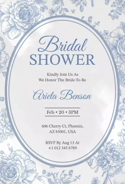 Elegant Floral Blue Bridal Shower Celebration Invitation Template