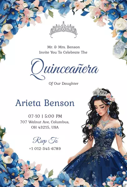 Elegant Floral Blue Quinceanera Celebration Invitation Template