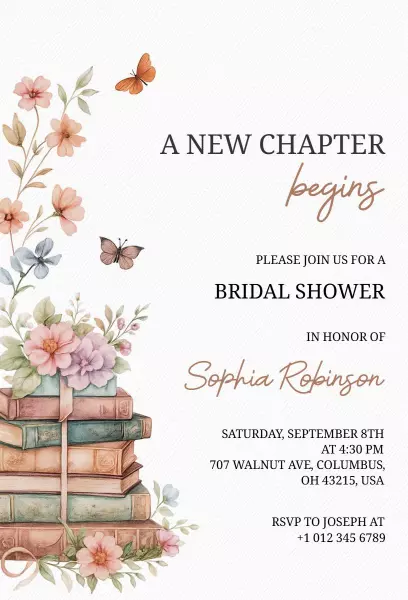 Elegant Floral Book Themed Bridal Shower Invitation Template
