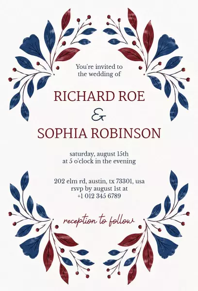 Elegant Floral Burgundy and Navy Wedding Invitation Template