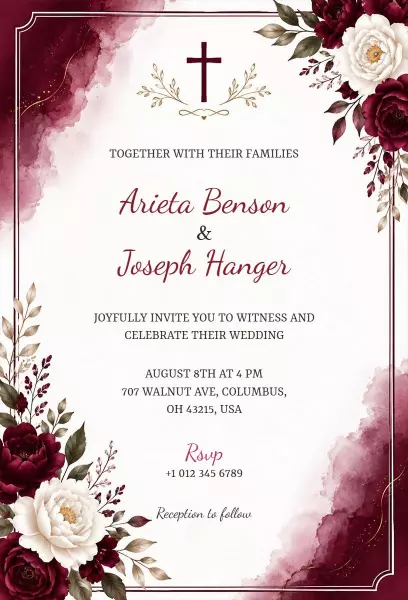 Elegant Floral Burgundy and White Wedding Invitation Template