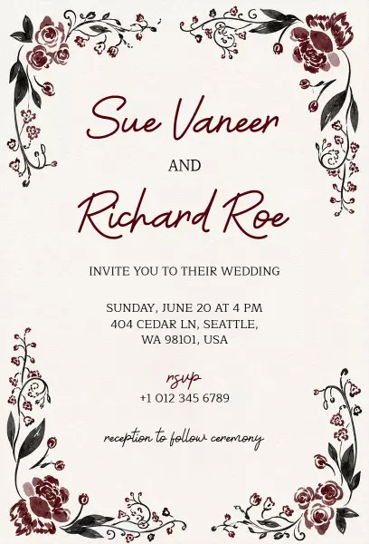 Elegant Floral Burgundy Wedding Celebration Invitation Template