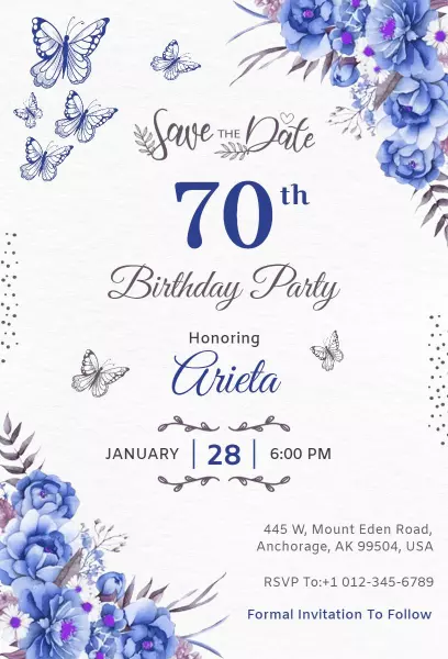 Elegant Floral Butterfly 70th Birthday Celebration Invitation Template