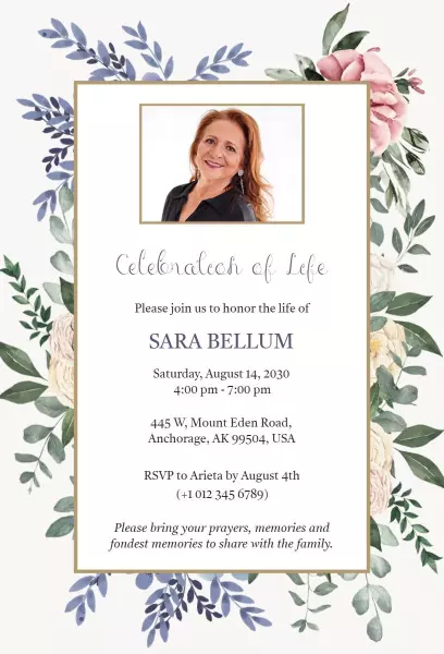 Elegant Floral Celebration of Life Funeral Invitation Template