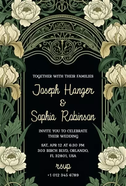 Elegant Floral Design Black and White Wedding Invitation Template