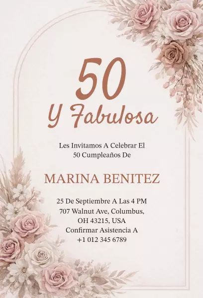 Elegant Floral Fifty Fabulous Birthday Celebration Invitation Template