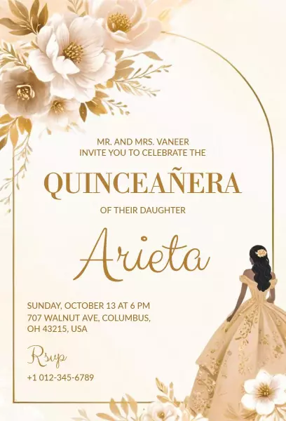 Elegant Floral Gold Quinceanera Celebration Invitation Template