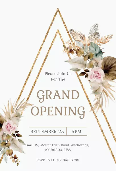 Elegant Floral Gold Triangle Grand Opening Invitation Template