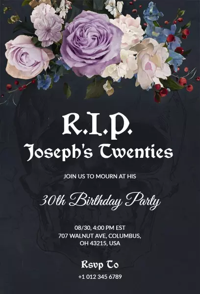 Elegant Floral Gothic 30th Birthday Celebration Invitation Template