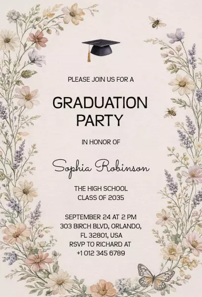 Elegant Floral Graduation Party Celebration Invitation Template