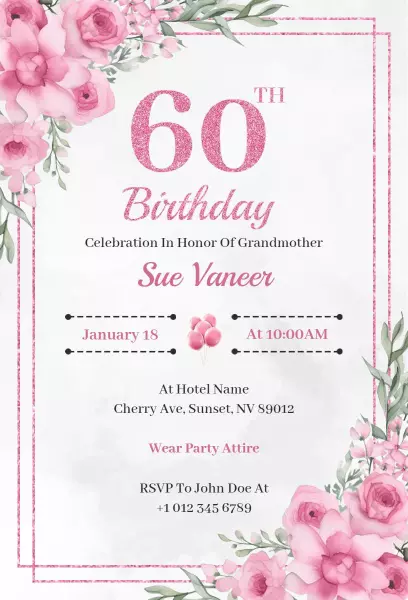Elegant Floral Grandmother 60th Birthday Celebration Invitation Template