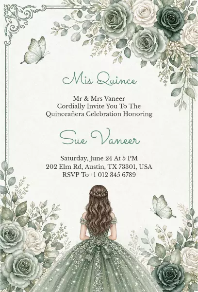 Elegant Floral Green Quinceanera Celebration Invitation Template