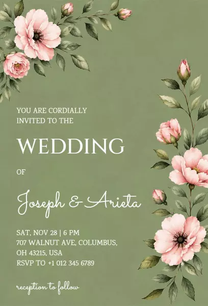 Elegant Floral Green Wedding Ceremony Invitation Template