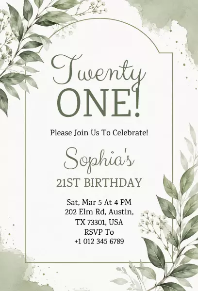 Elegant Floral Greenery 21st Birthday Celebration Invitation Template