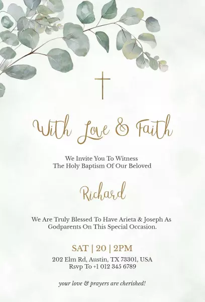 Elegant Floral Greenery Baptism Ceremony Invitation Template