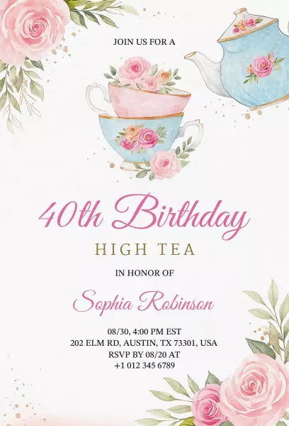 Elegant Floral High Tea 40th Birthday Invitation Template