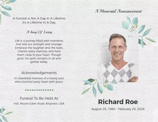 Elegant Floral Memorial Announcement and Funeral Brochure Template