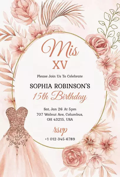 Elegant Floral Mis XV 15th Birthday Celebration Invitation Template