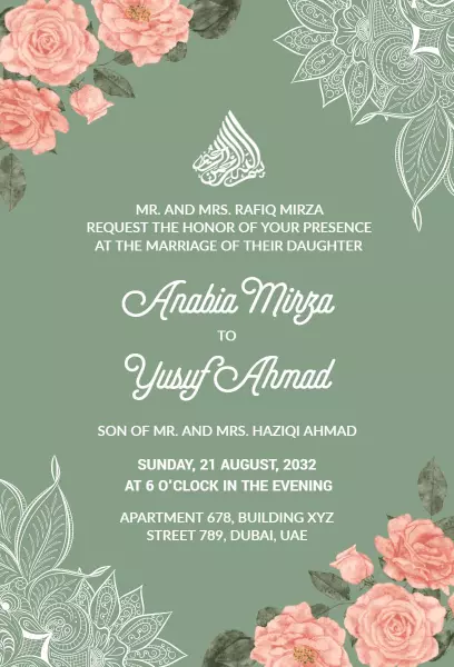 Elegant Floral Muslim Wedding Celebration Invitation Template