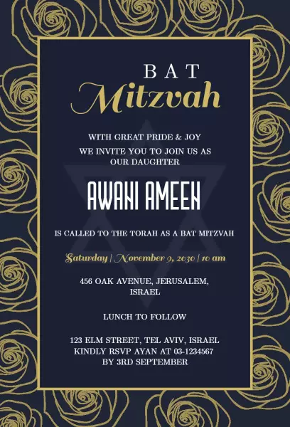 Elegant Floral Navy Bat Mitzvah Celebration Invitation Template