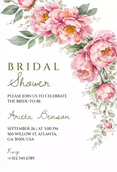Elegant Floral Peony Bridal Shower Celebration Invitation Template