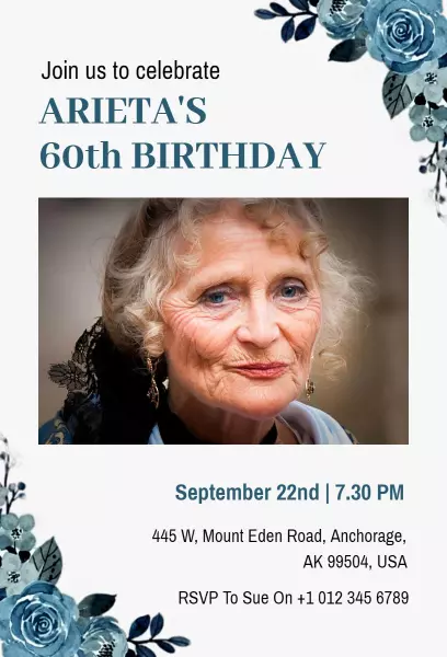 Elegant Floral Photo 60th Birthday Celebration Invitation Template