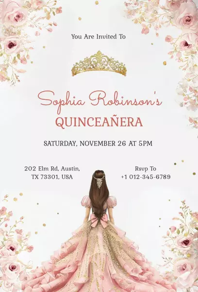 Elegant Floral Pink Quinceanera Celebration Invitation Template