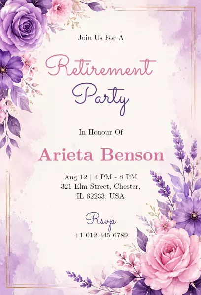 Elegant Floral Purple Retirement Party Celebration Invitation Template